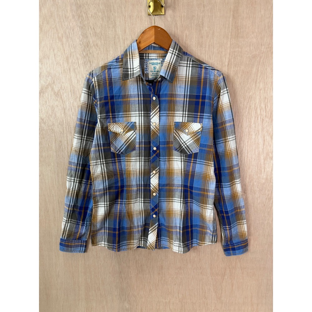 Panhandle Rough Stock Mens Blue Plaid Western Pearl Snap Shirt Small Cotton